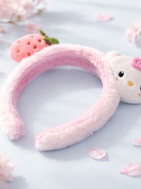 Plush Pink Strawberry Hello Kitty Headband for Kids - Cute Soft Fuzzy Accessory